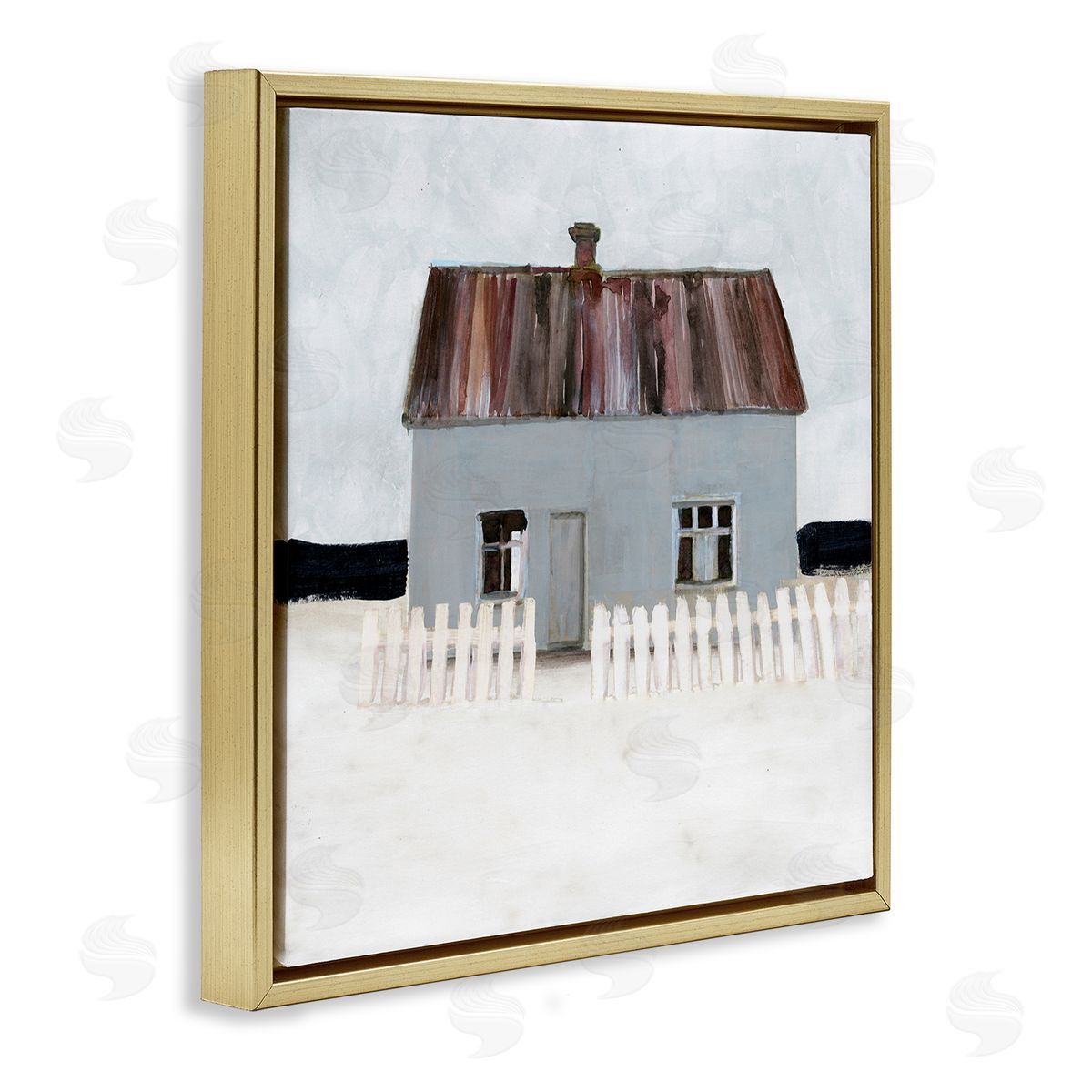 Stellar Design Studio Rustic Winter Beach House Coastal Landscape Gold Floater Frame Canvas Art
