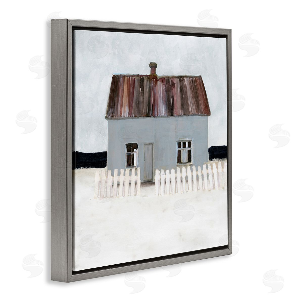 Stellar Design Studio Rustic Winter Beach House Coastal Landscape Gray Floater Frame Canvas Art