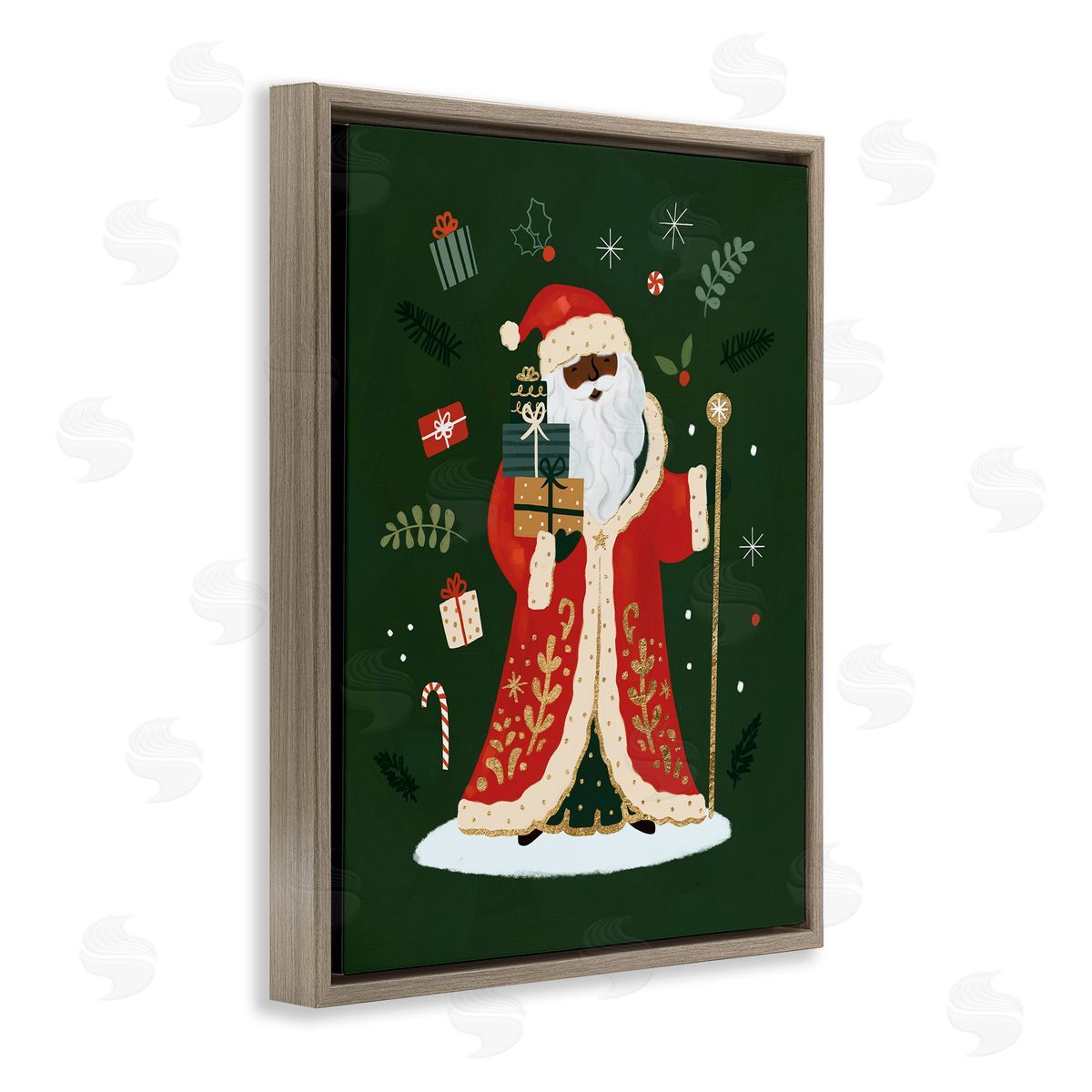 Victoria Barnes Festive St. Nick Green Christmas Winter Holiday  Brown Floater Frame Canvas Art