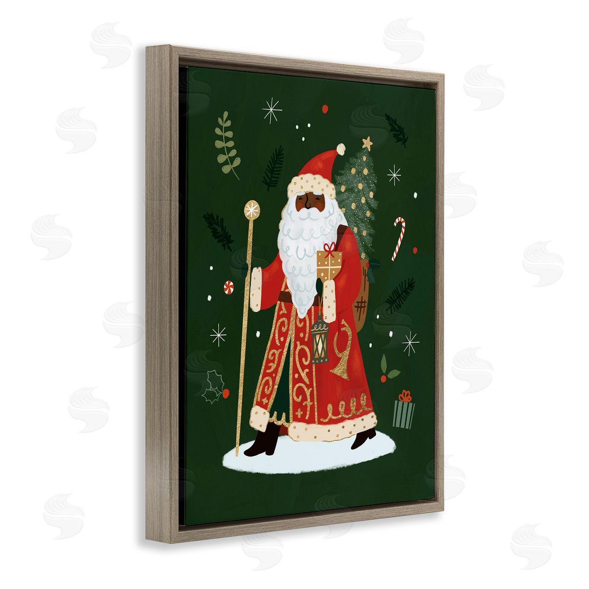 Victoria Barnes Festive Santa Claus Figure Green Christmas Holiday Brown Floater Frame Canvas Art