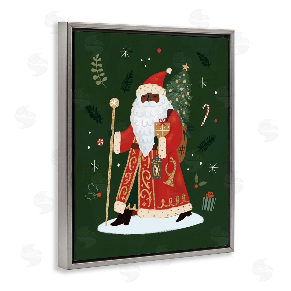 Victoria Barnes Festive Santa Claus Figure Green Christmas Holiday Gray Floater Frame Canvas Art