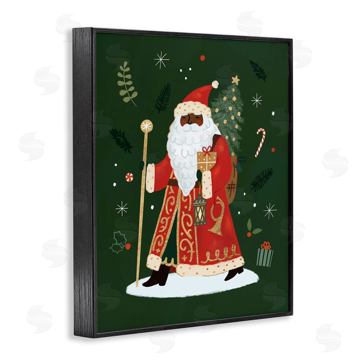Victoria Barnes Festive Santa Claus Figure Green Christmas Holiday Black Framed Giclee Wall Art