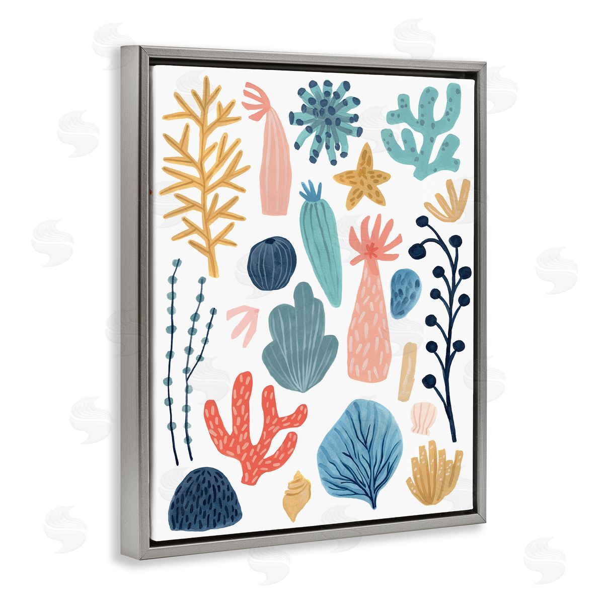 June Erica Vess Coral Reef Ocean Life Playful Pastel Sea Plants Gray Floater Frame Canvas Art