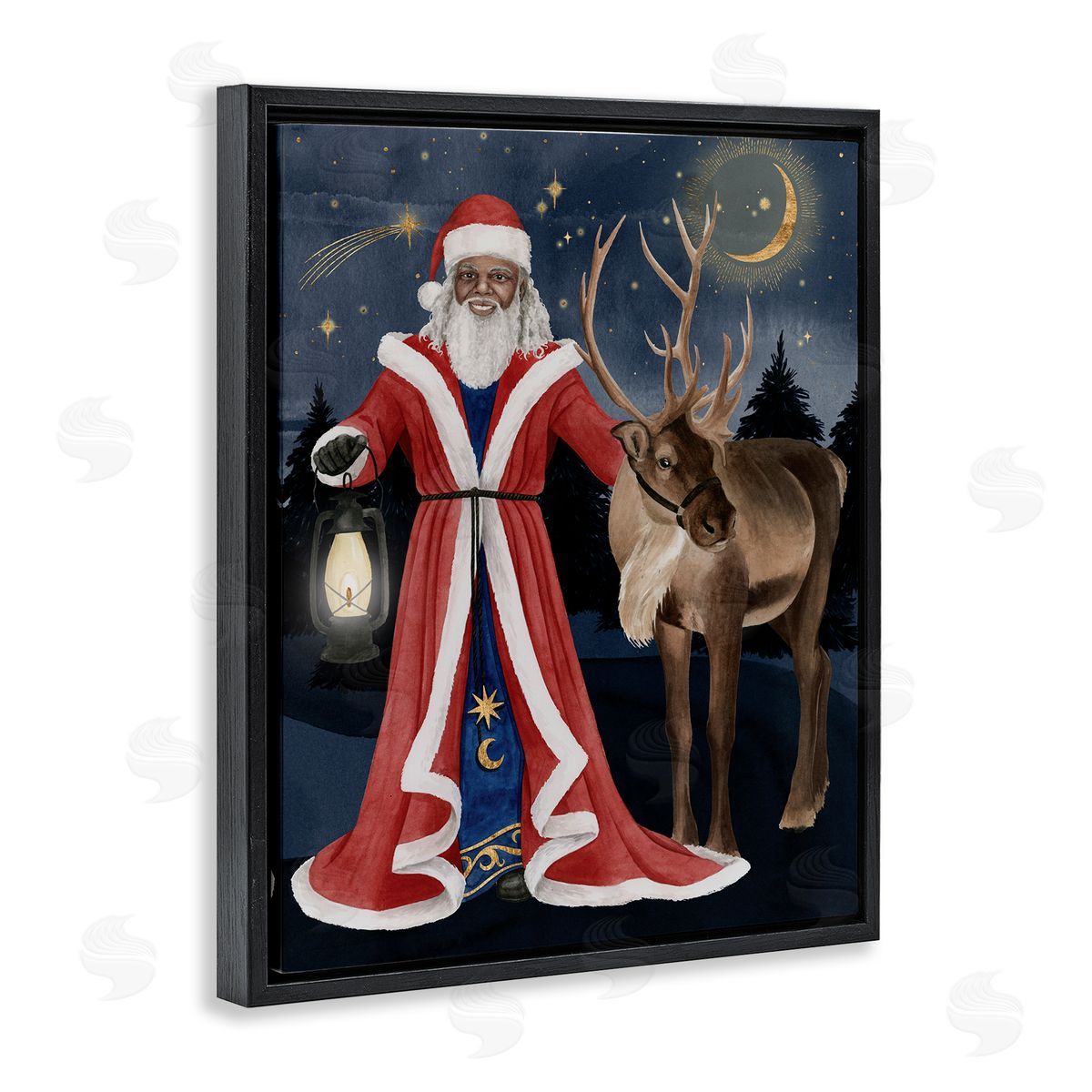 Grace Popp Santa Claus Under Night Sky Winter Lantern Black Floater Frame Canvas Art