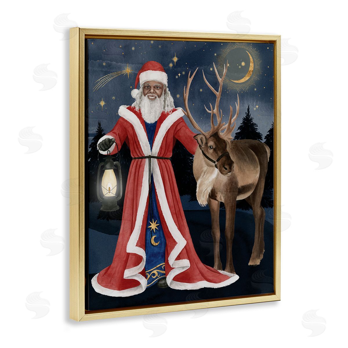 Grace Popp Santa Claus Under Night Sky Winter Lantern Gold Floater Frame Canvas Art