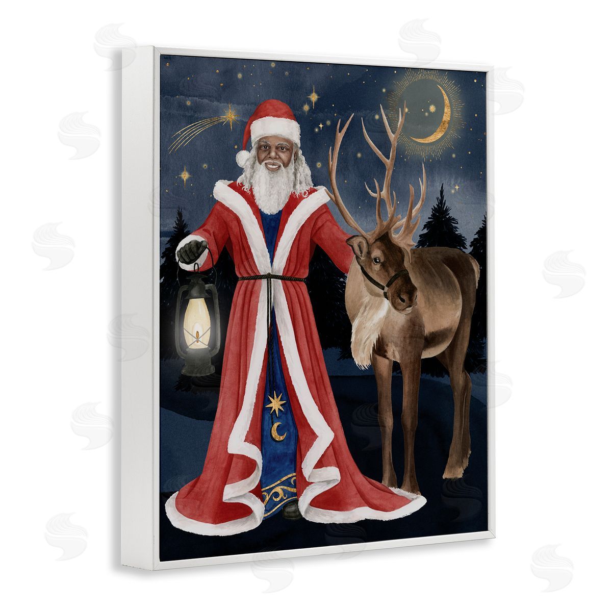 Grace Popp Santa Claus Under Night Sky Winter Lantern White Framed Giclee Wall Art