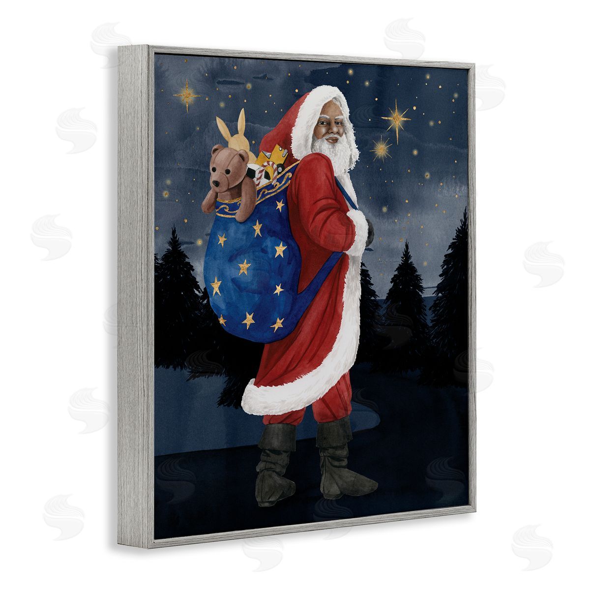Grace Popp Santa Claus Sack of Toys Under Night Sky Gray Framed Giclee Wall Art