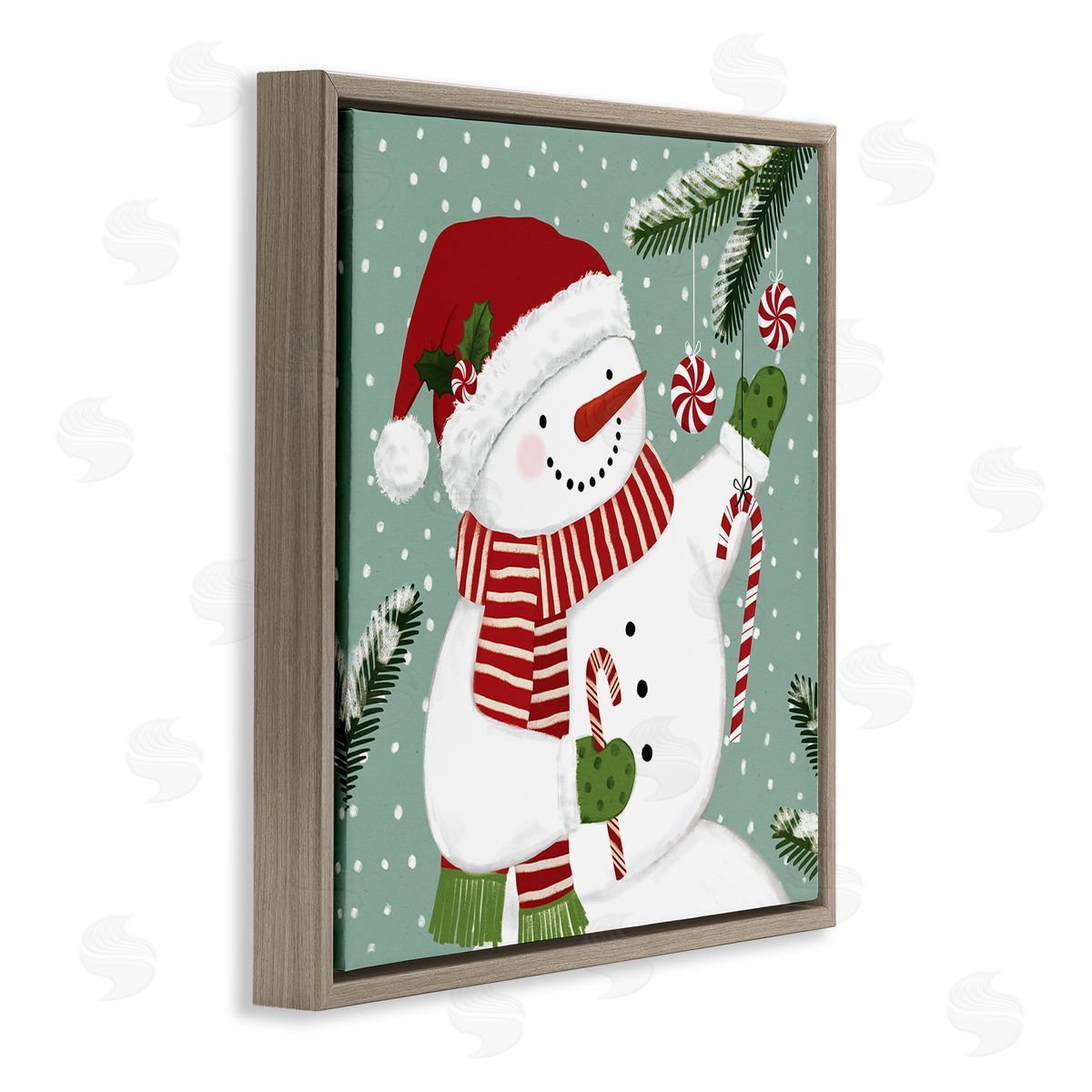 Victoria Barnes Candy Cane Snowman Peppermint Winter Ornaments Brown Floater Frame Canvas Art