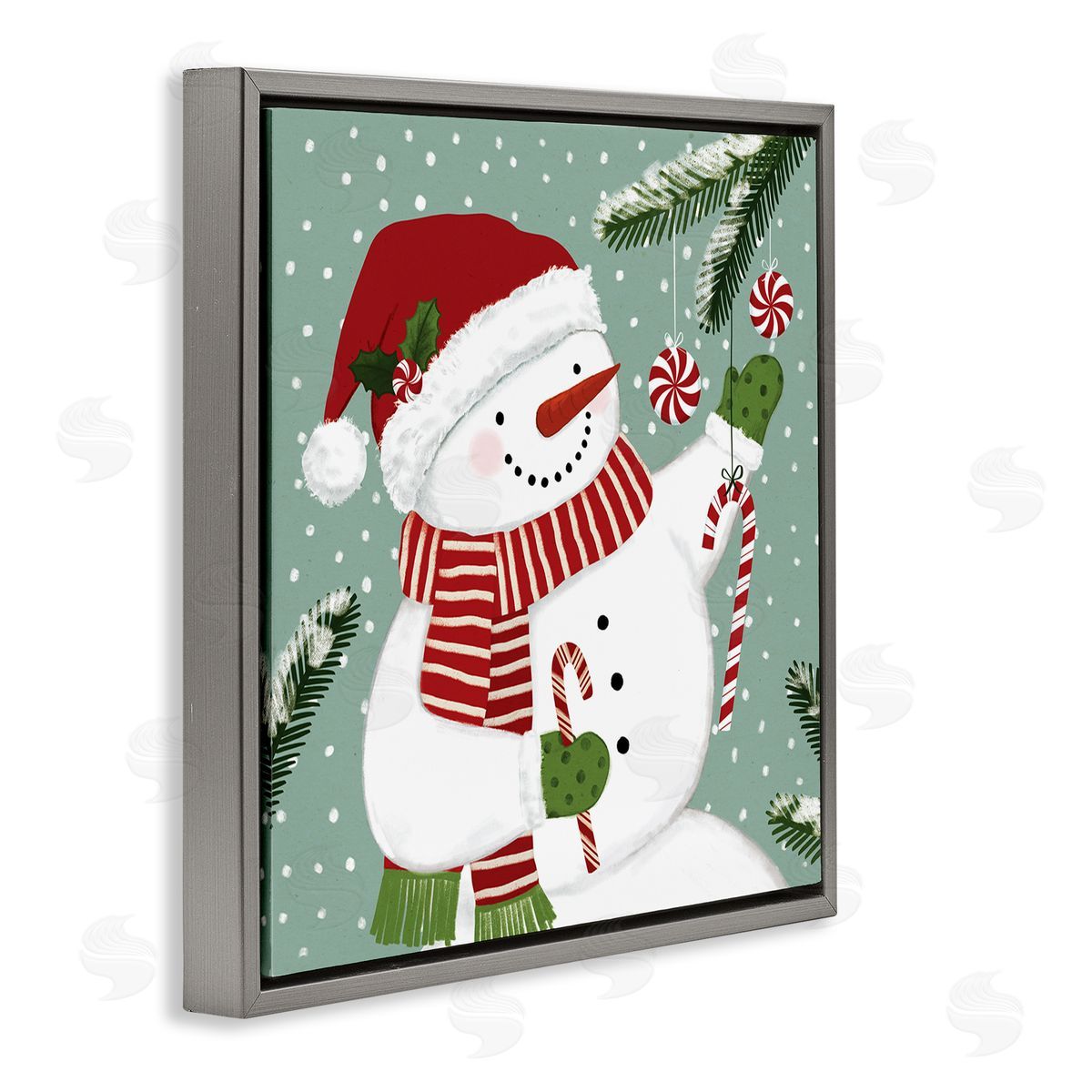 Victoria Barnes Candy Cane Snowman Peppermint Winter Ornaments Gray Floater Frame Canvas Art