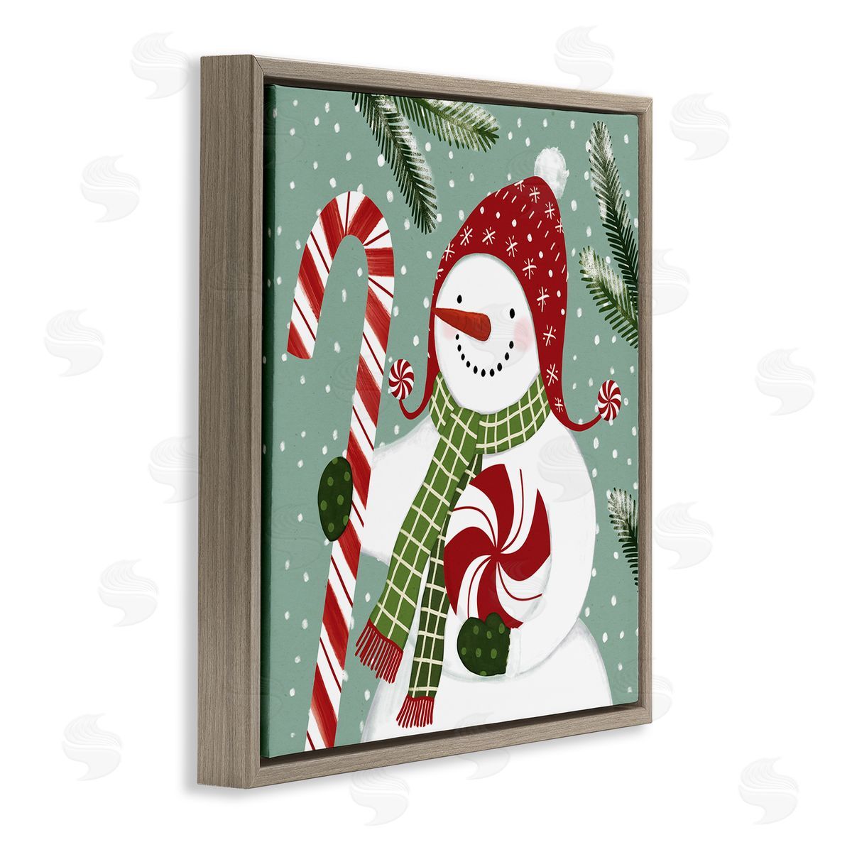 Victoria Barnes Peppermint Candy Snowman Green Winter Forest Brown Floater Frame Canvas Art
