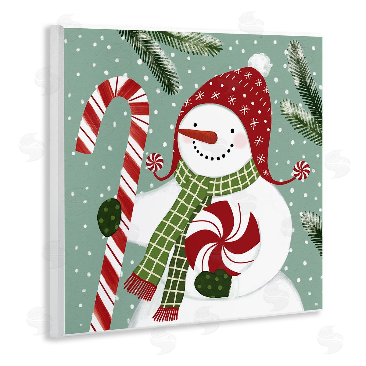 Victoria Barnes Peppermint Candy Snowman Green Winter Forest Wall Plaque Art