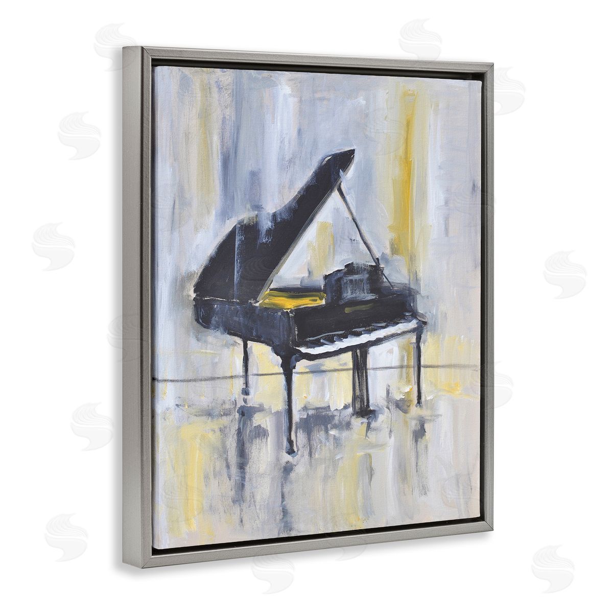 Allayn Stevens Distressed Grand Piano Instrument Blue Gold Gray Floater Frame Canvas Art
