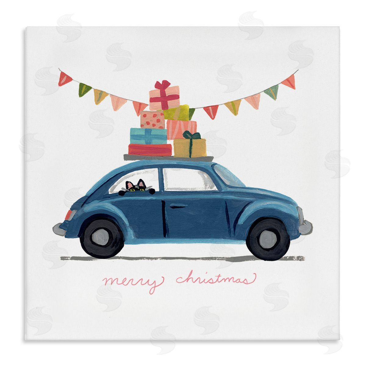June Erica Vess Blue Christmas Cat Car with Present Stack Canvas Wall Art