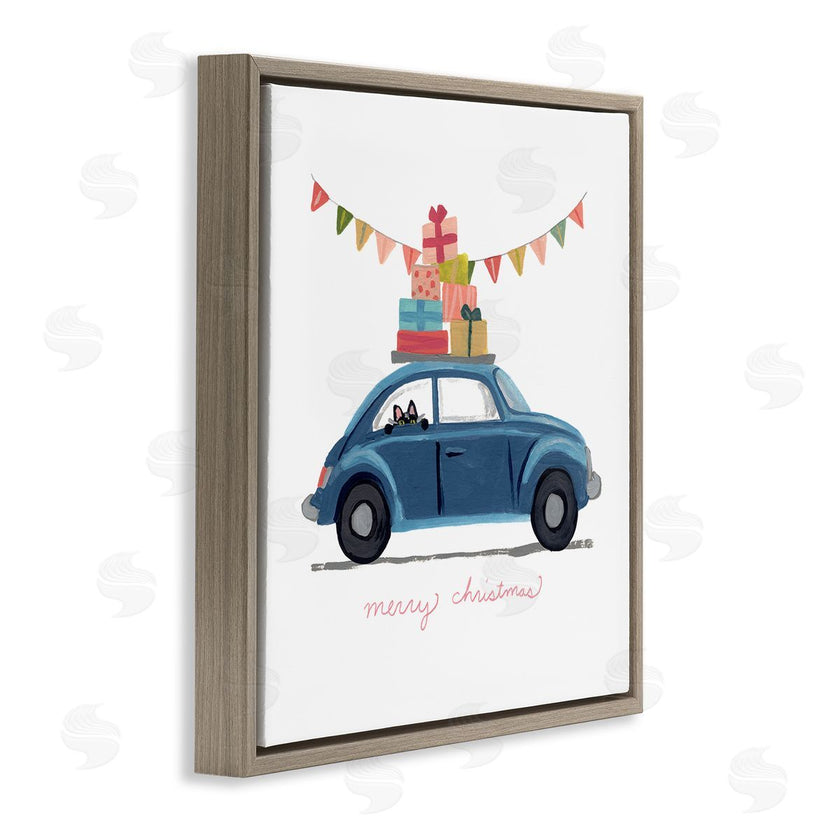 June Erica Vess | Blue Christmas Cat Car with Present Stack