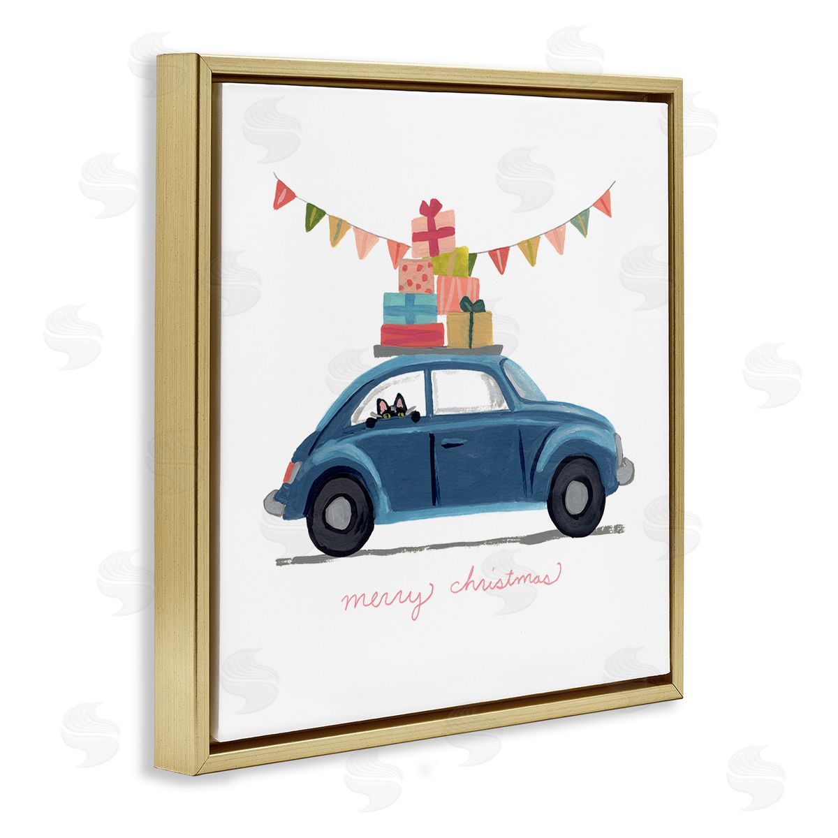 June Erica Vess Blue Christmas Cat Car with Present Stack Gold Floater Frame Canvas Art