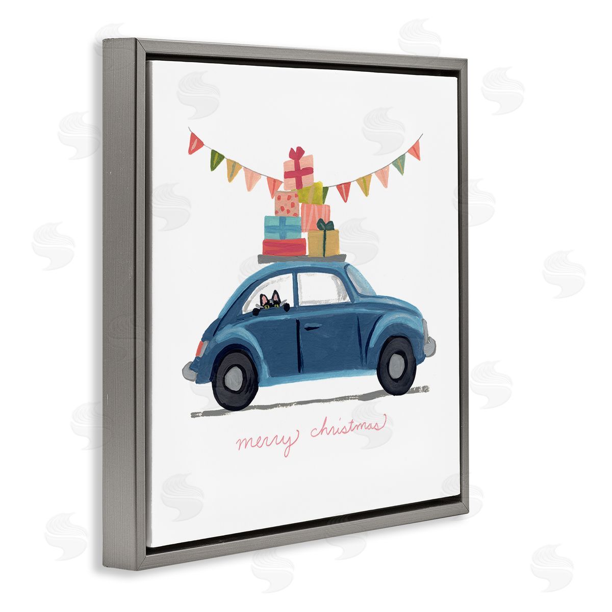 June Erica Vess Blue Christmas Cat Car with Present Stack Gray Floater Frame Canvas Art