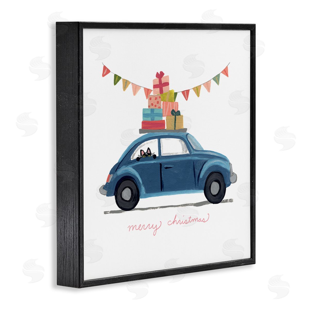 June Erica Vess Blue Christmas Cat Car with Present Stack Black Framed Giclee Wall Art