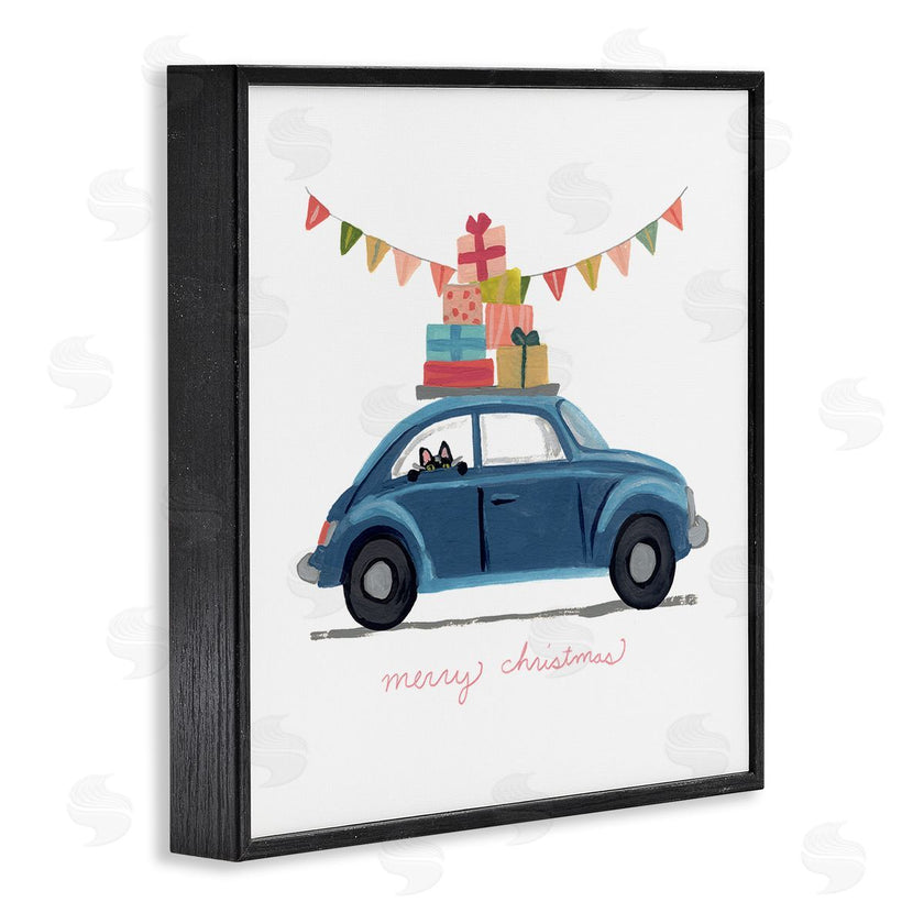 June Erica Vess | Blue Christmas Cat Car with Present Stack