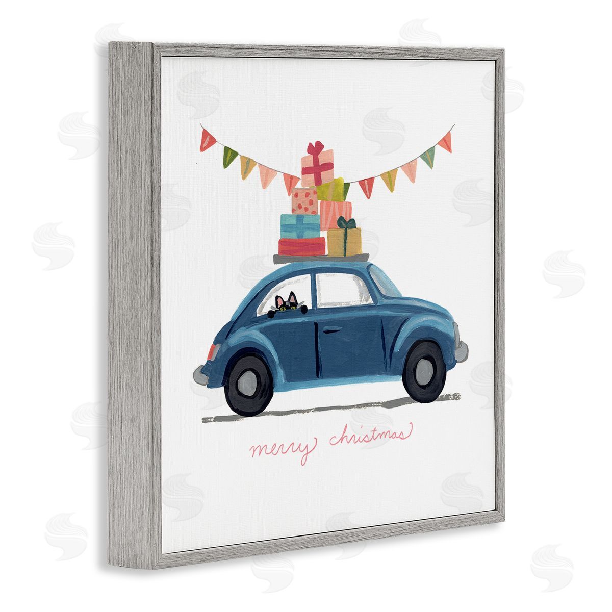 June Erica Vess Blue Christmas Cat Car with Present Stack Gray Framed Giclee Wall Art
