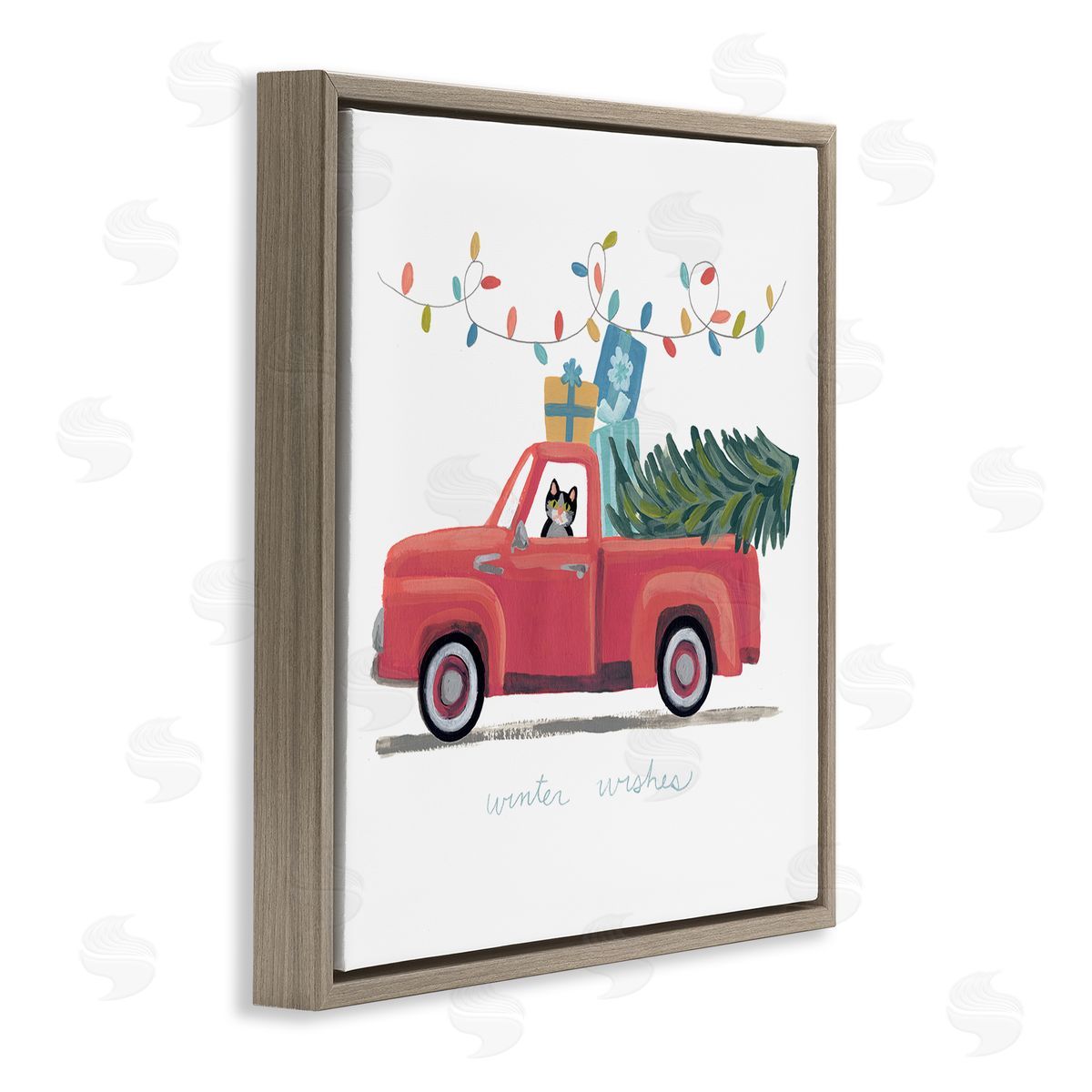 June Erica Vess Cat Christmas Red Truck Winter Wishes Phrase Brown Floater Frame Canvas Art