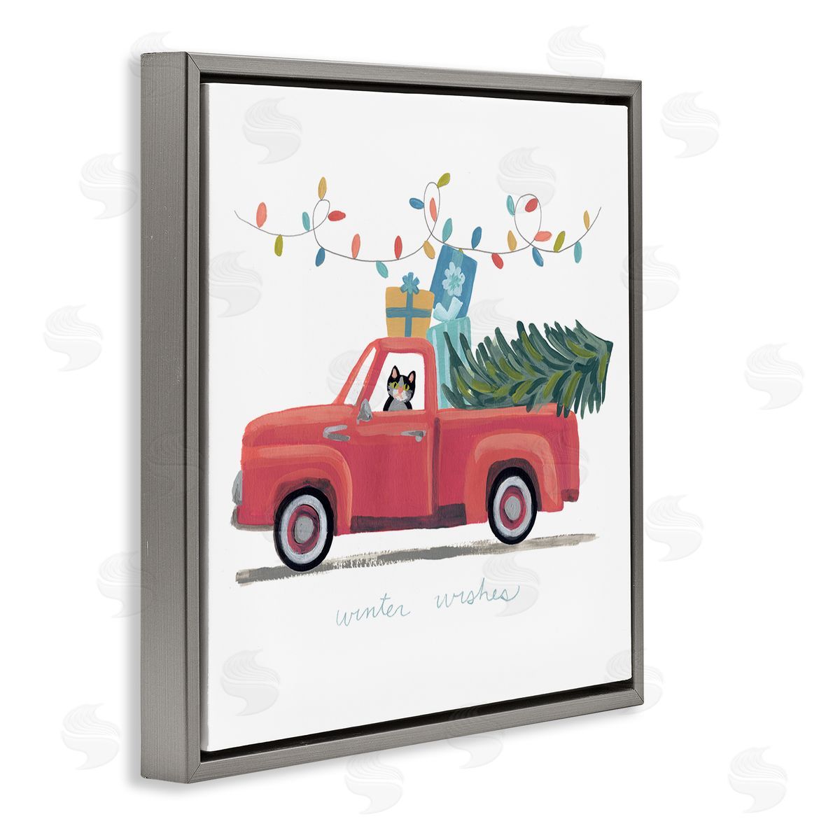June Erica Vess Cat Christmas Red Truck Winter Wishes Phrase Gray Floater Frame Canvas Art