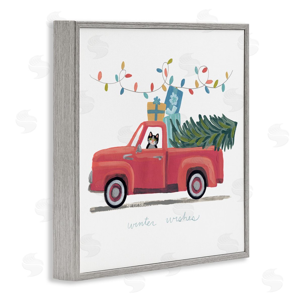 June Erica Vess Cat Christmas Red Truck Winter Wishes Phrase Gray Framed Giclee Wall Art