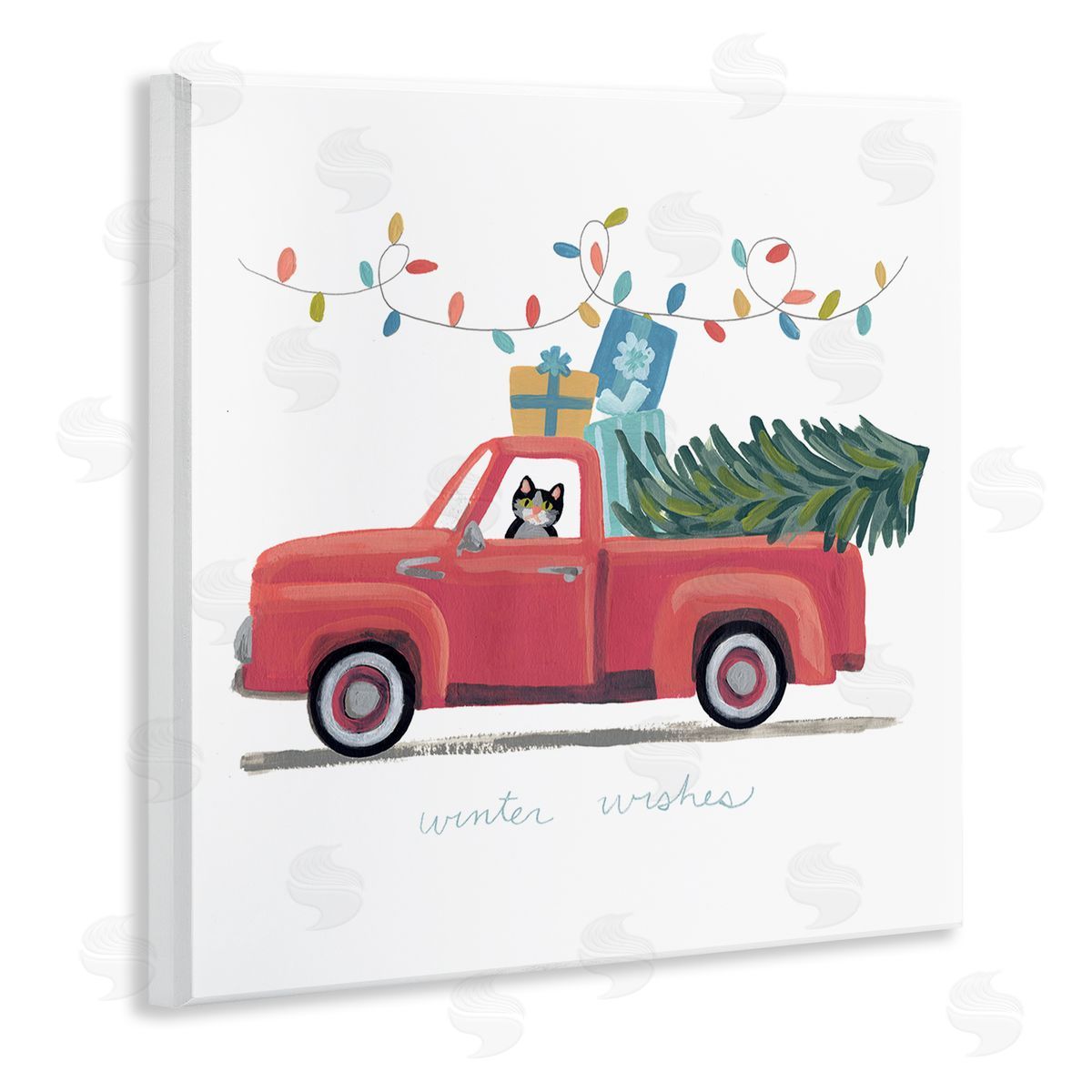 June Erica Vess Cat Christmas Red Truck Winter Wishes Phrase Wall Plaque Art