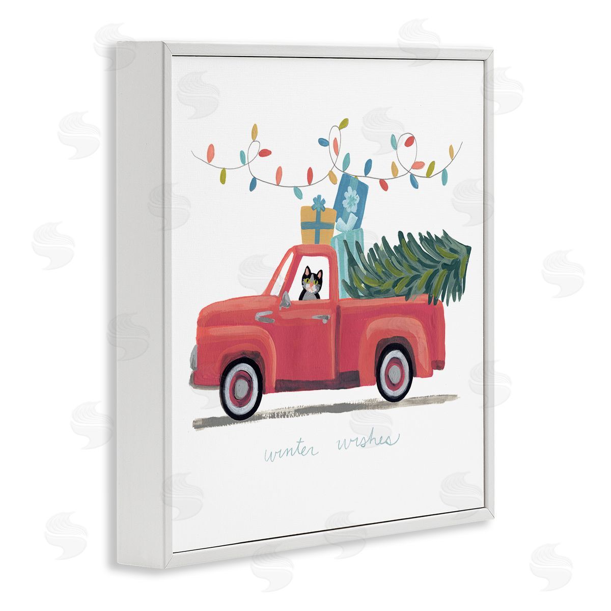 June Erica Vess Cat Christmas Red Truck Winter Wishes Phrase White Framed Giclee Wall Art