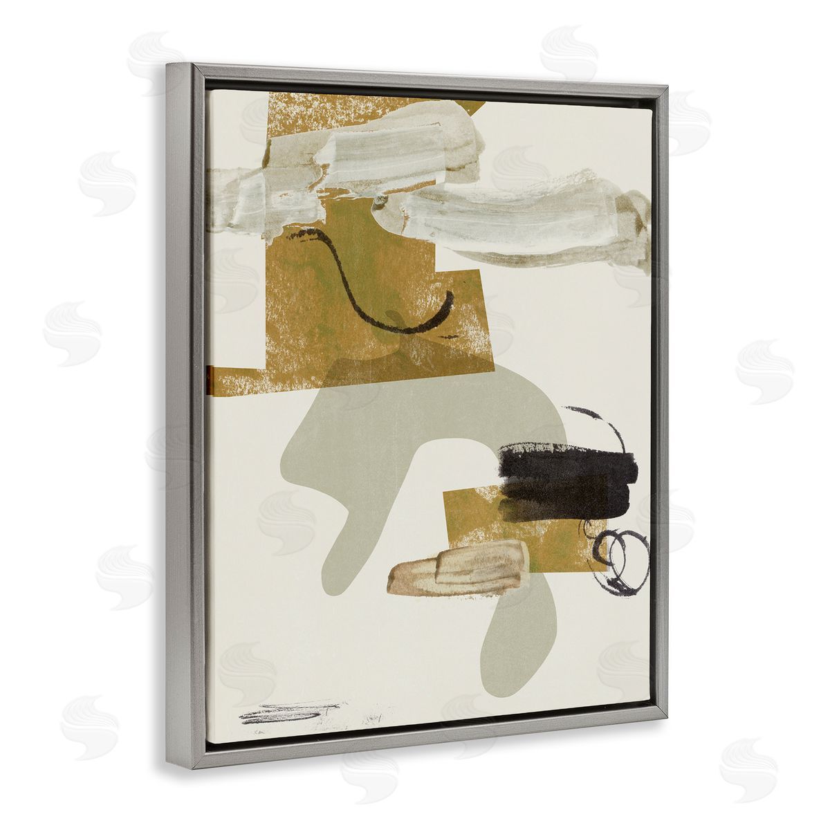 Melissa Wang Unique Curved Shape Abstraction Brown Tan Black Gray Floater Frame Canvas Art