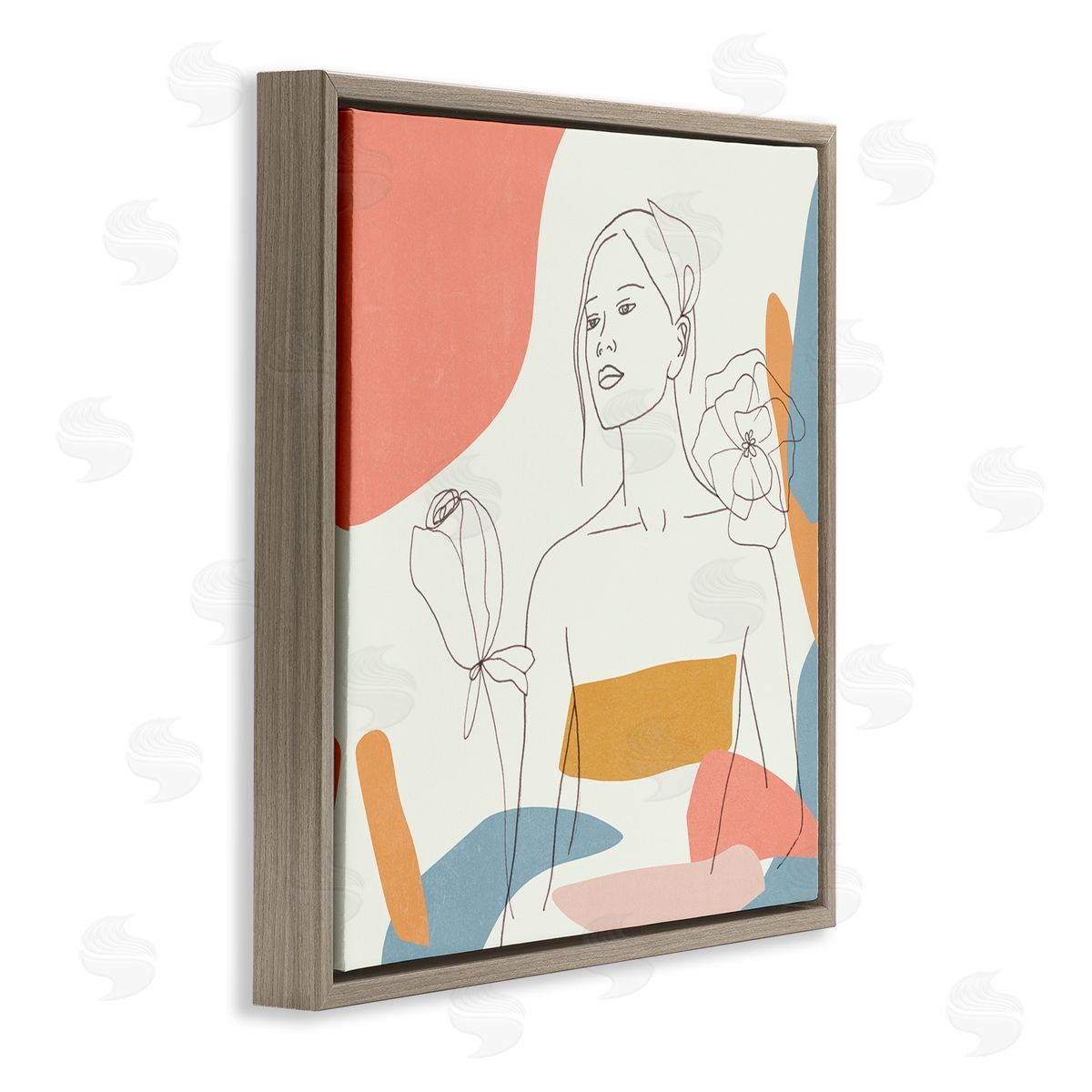 Melissa Wang Female Line Portrait Spring Florals Expressive Shapes Brown Floater Frame Canvas Art