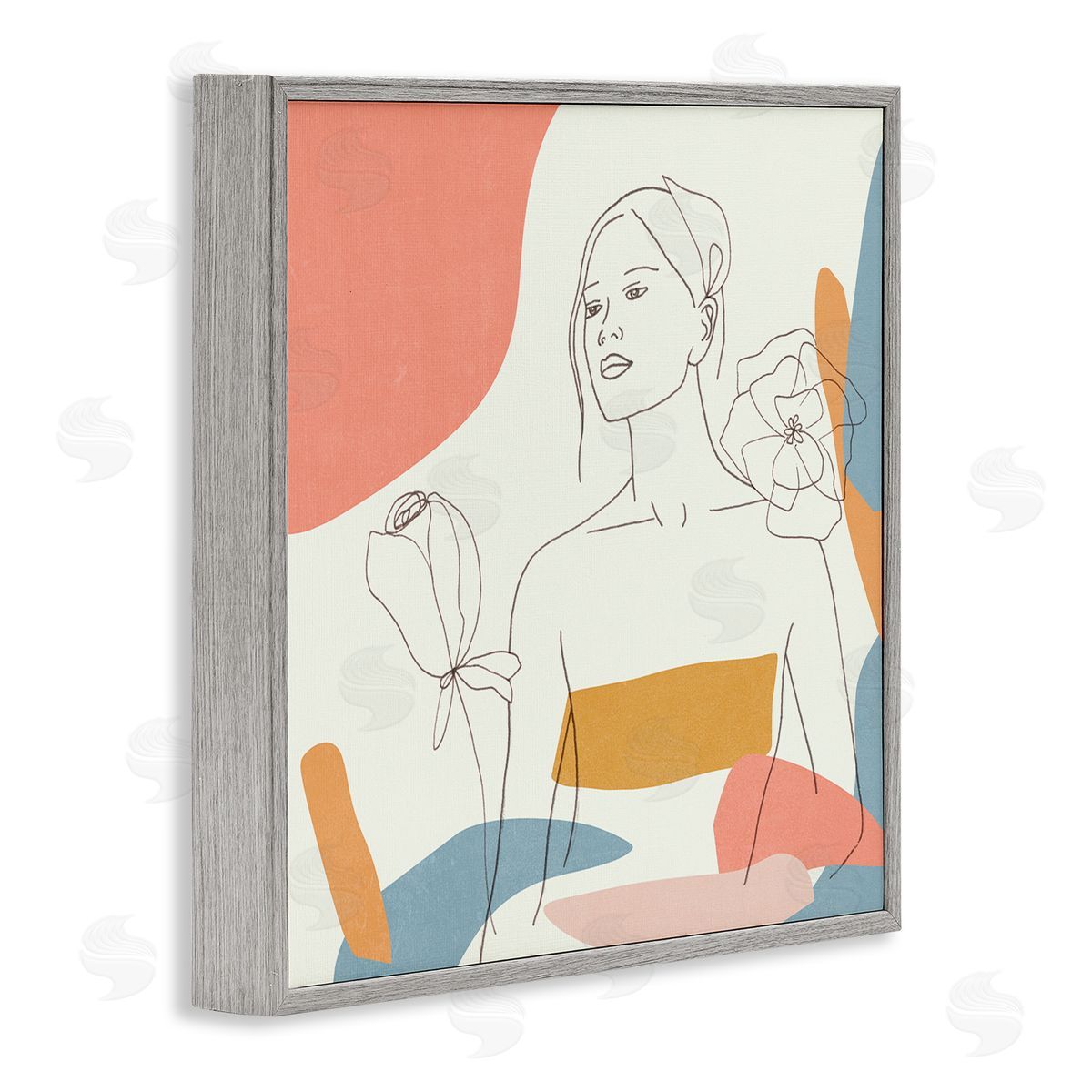 Melissa Wang Female Line Portrait Spring Florals Expressive Shapes Gray Framed Giclee Wall Art