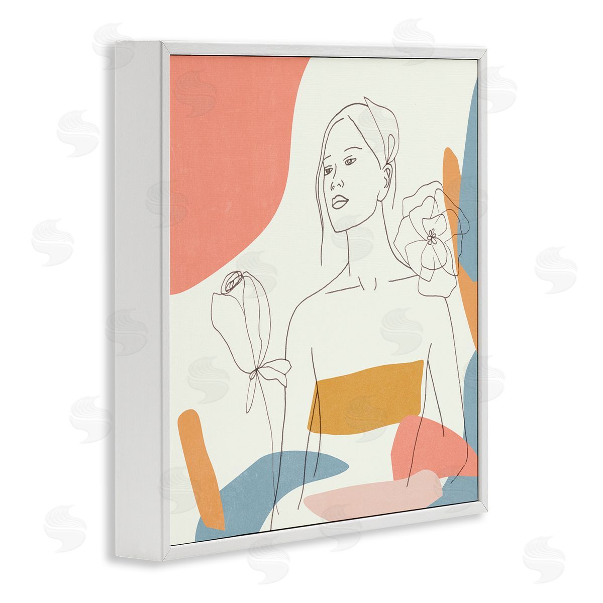 Melissa Wang Female Line Portrait Spring Florals Expressive Shapes White Framed Giclee Wall Art