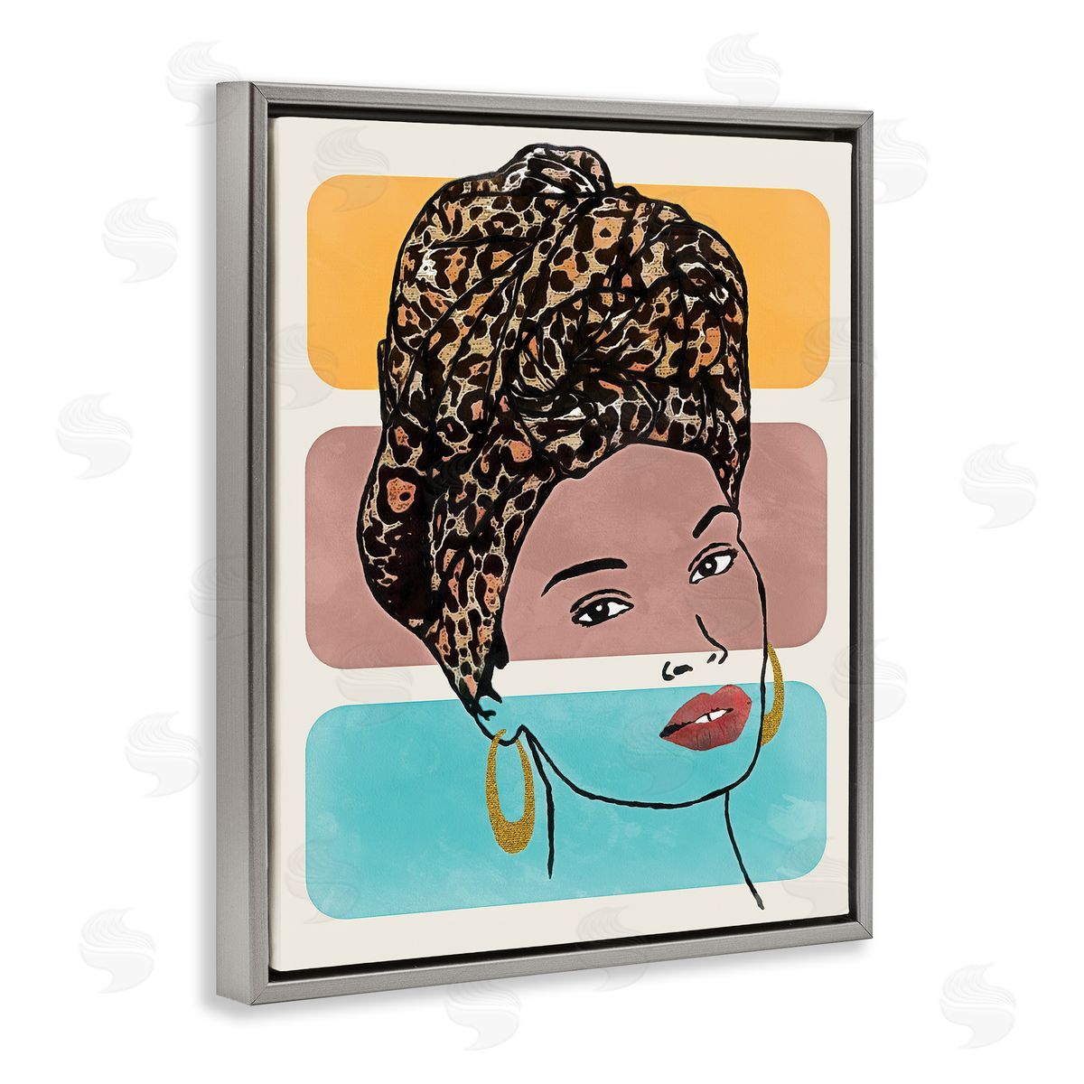 Alonzo Saunders Fashion Headwrap Portrait Over Bold Blocked Shapes Gray Floater Frame Canvas Art