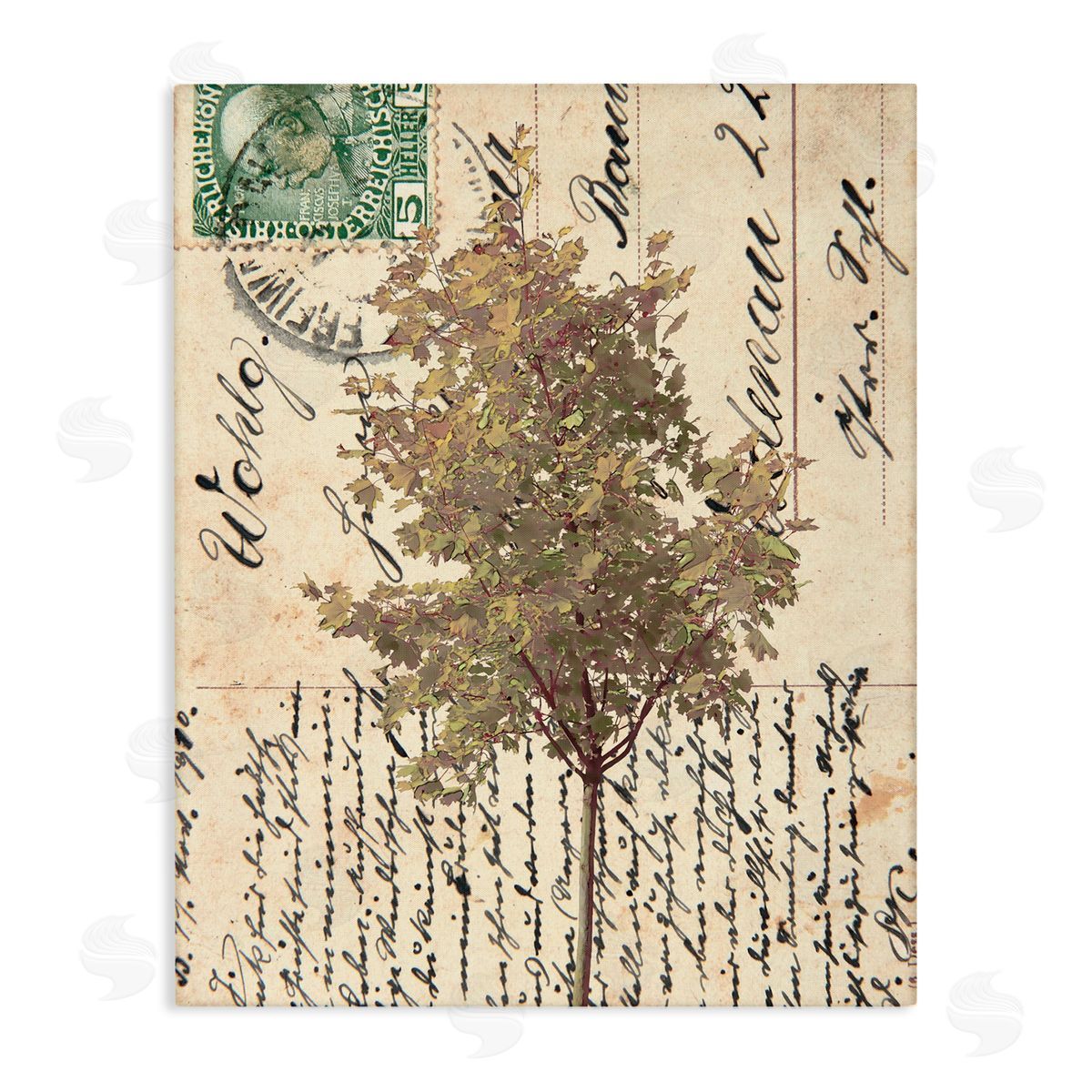 Alonzo Saunders Country Vintage Postal Card Autumn Tree Canvas Wall Art