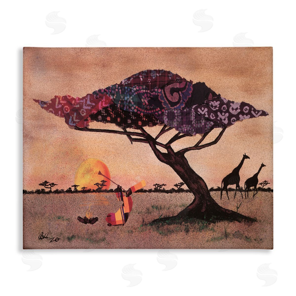 Alonzo Saunders African Sunrise Safari Landscape Man Playing Trumpet Canvas Wall Art