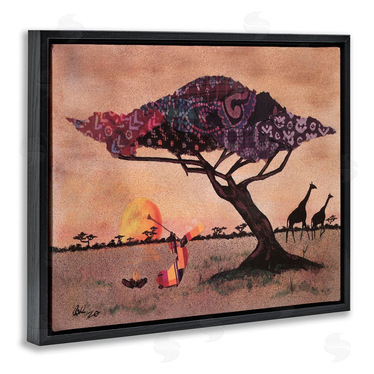 Alonzo Saunders African Sunrise Safari Landscape Man Playing Trumpet Black Floater Frame Canvas Art