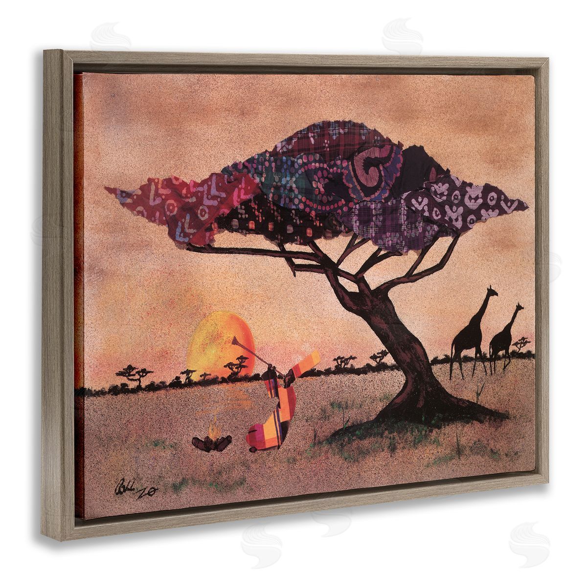 Alonzo Saunders African Sunrise Safari Landscape Man Playing Trumpet Brown Floater Frame Canvas Art