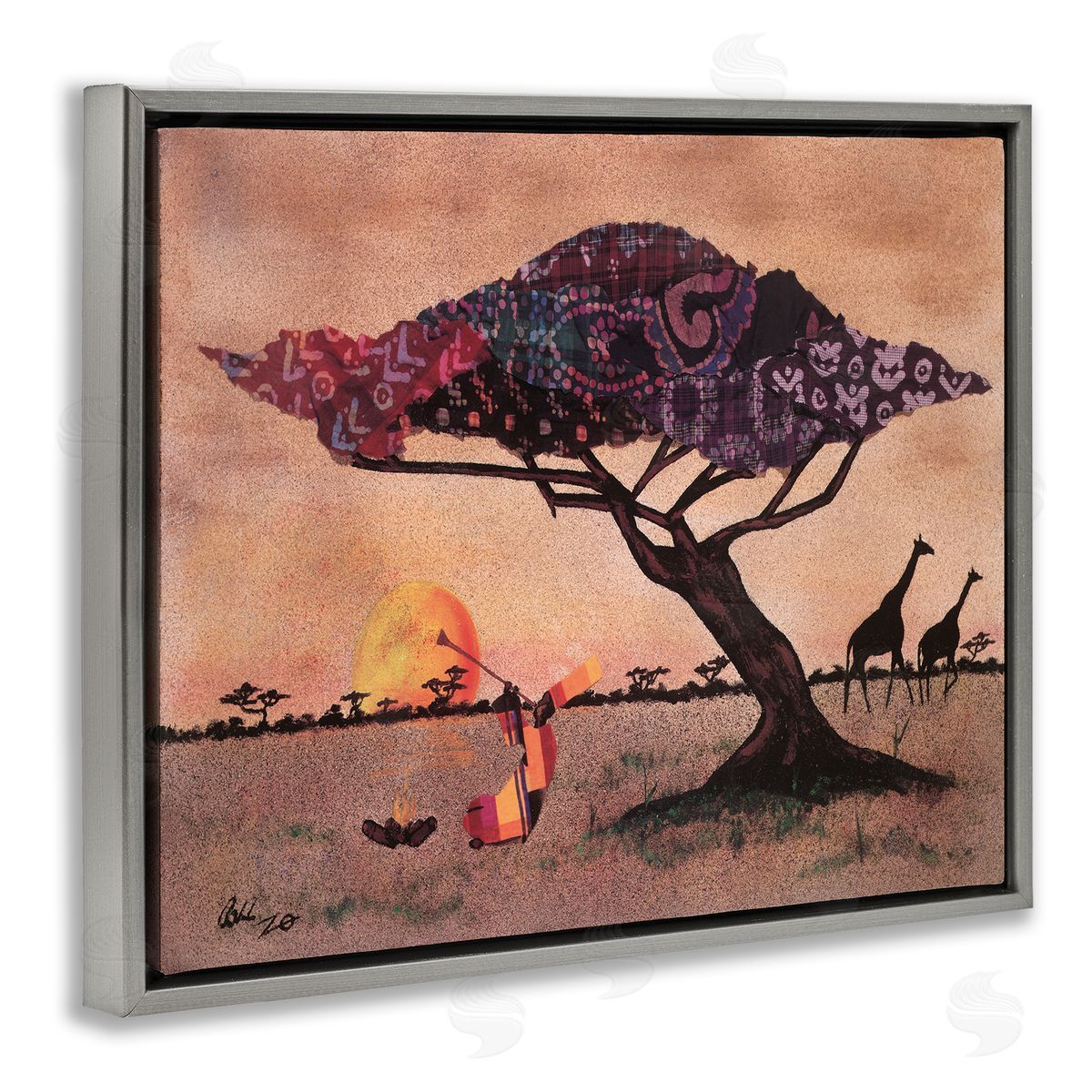 Alonzo Saunders African Sunrise Safari Landscape Man Playing Trumpet Gray Floater Frame Canvas Art