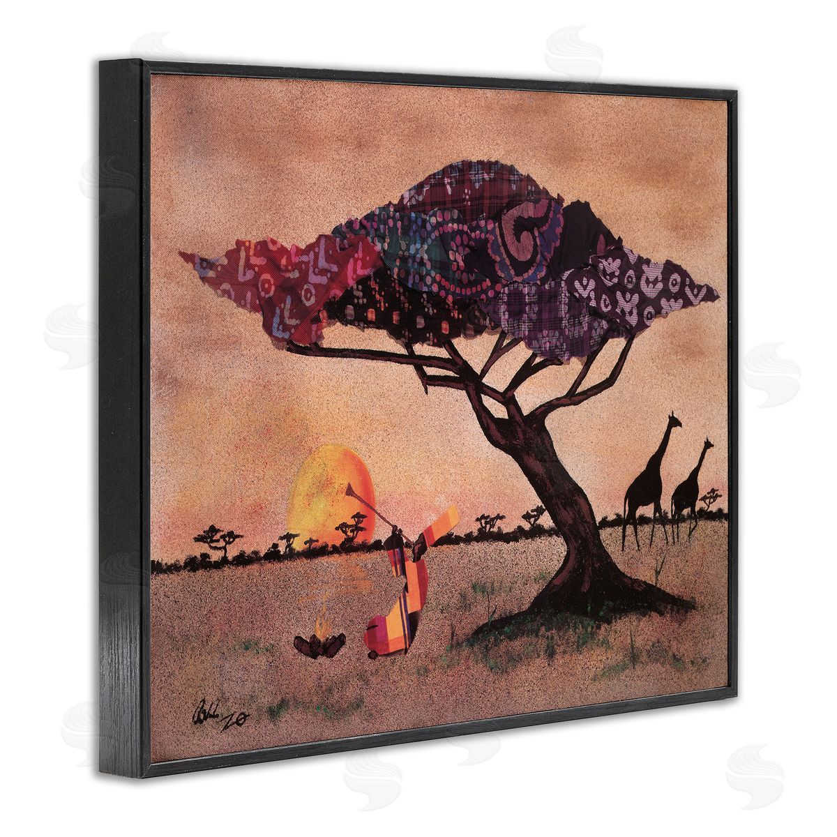 Alonzo Saunders African Sunrise Safari Landscape Man Playing Trumpet Black Framed Giclee Wall Art