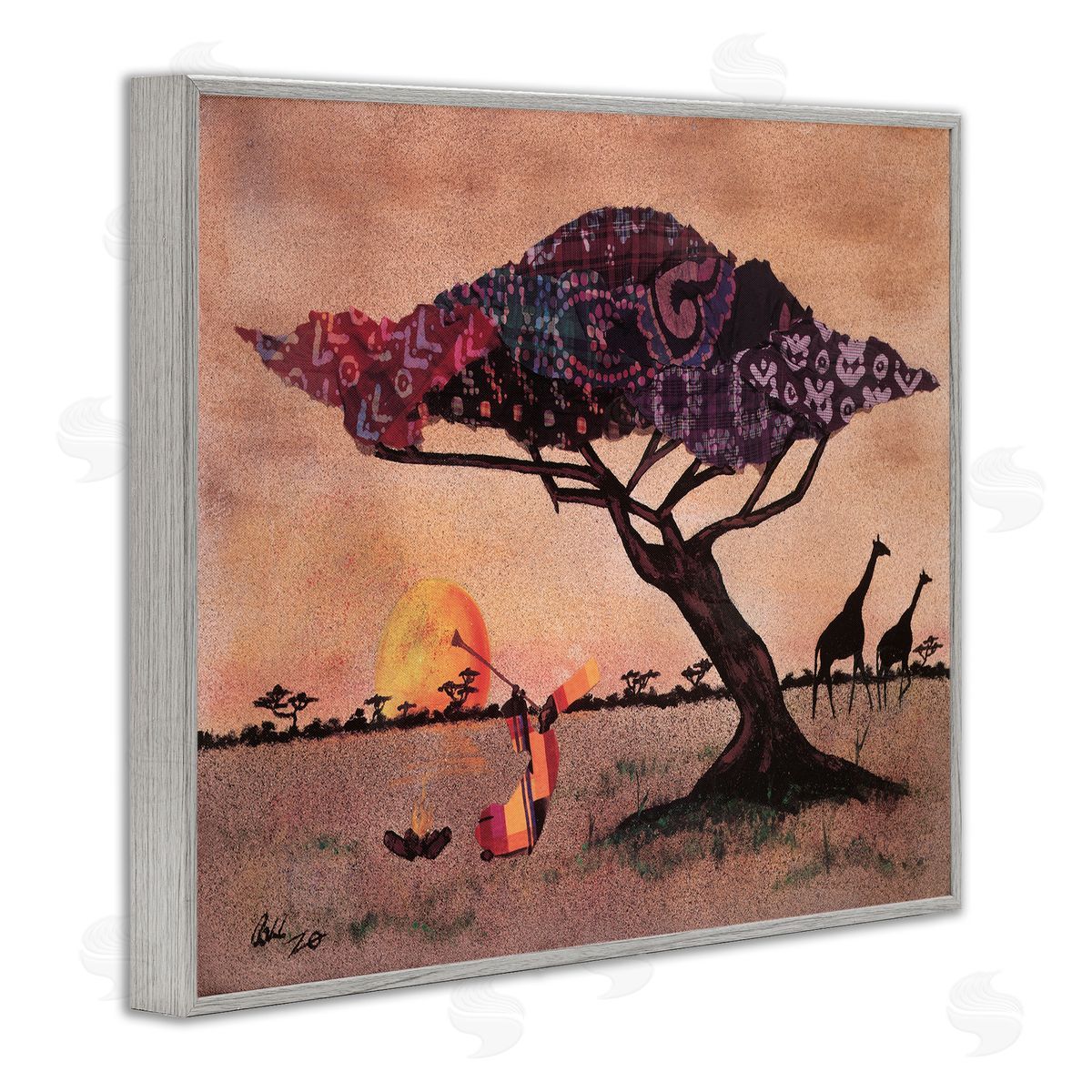 Alonzo Saunders African Sunrise Safari Landscape Man Playing Trumpet Gray Framed Giclee Wall Art