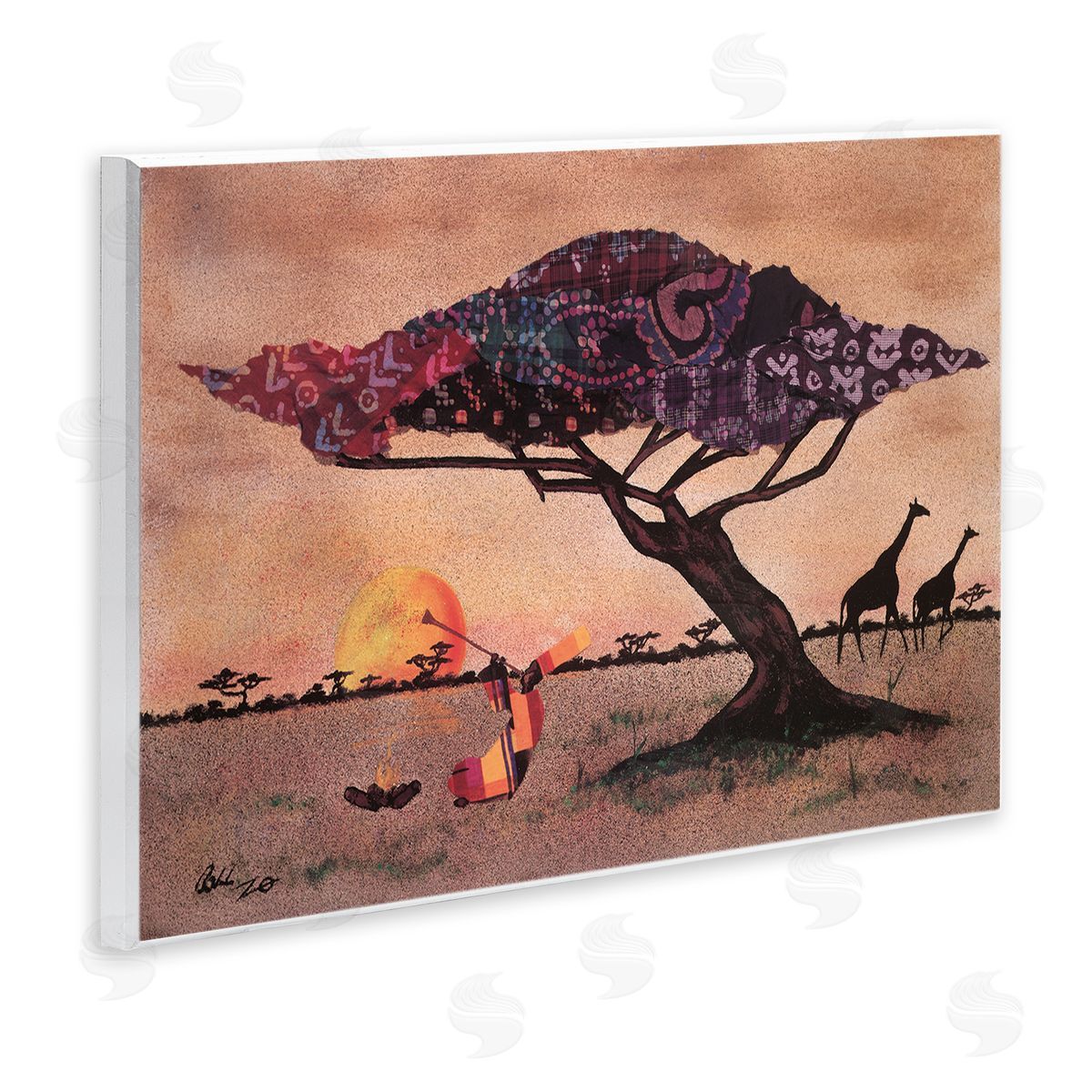 Alonzo Saunders African Sunrise Safari Landscape Man Playing Trumpet Wall Plaque Art