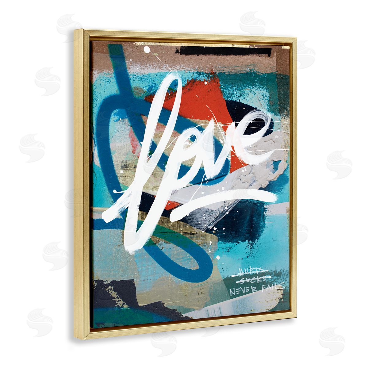 Kent Youngstrom Graffiti Love Text Modern Urban Blue Pattern Gold Floater Frame Canvas Art