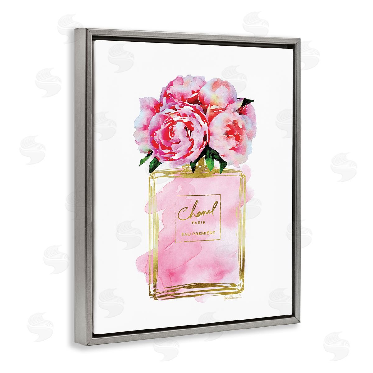 Amanda Greenwood Pink Peonies in Pink Fashion Fragrance Bottle Gray Floater Frame Canvas Art