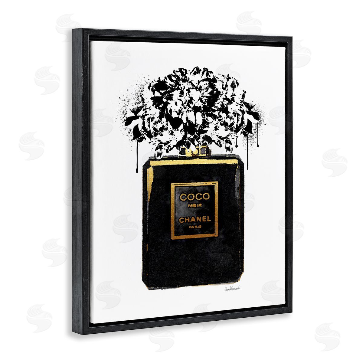 Amanda Greenwood Spray Paint Flowers in Black Fashion Fragrance Bottle Black Floater Frame Canvas Art