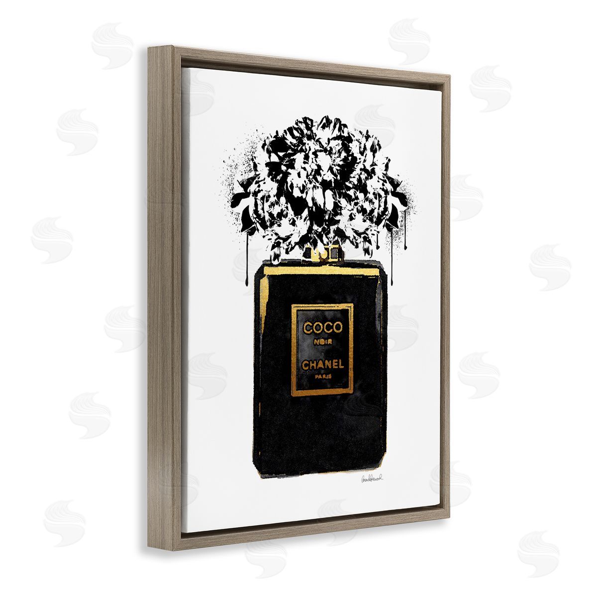 Amanda Greenwood Spray Paint Flowers in Black Fashion Fragrance Bottle Brown Floater Frame Canvas Art