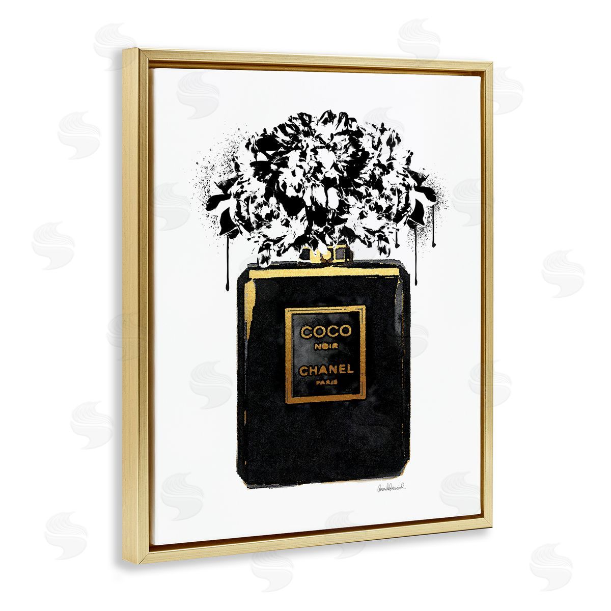 Amanda Greenwood Spray Paint Flowers in Black Fashion Fragrance Bottle Gold Floater Frame Canvas Art