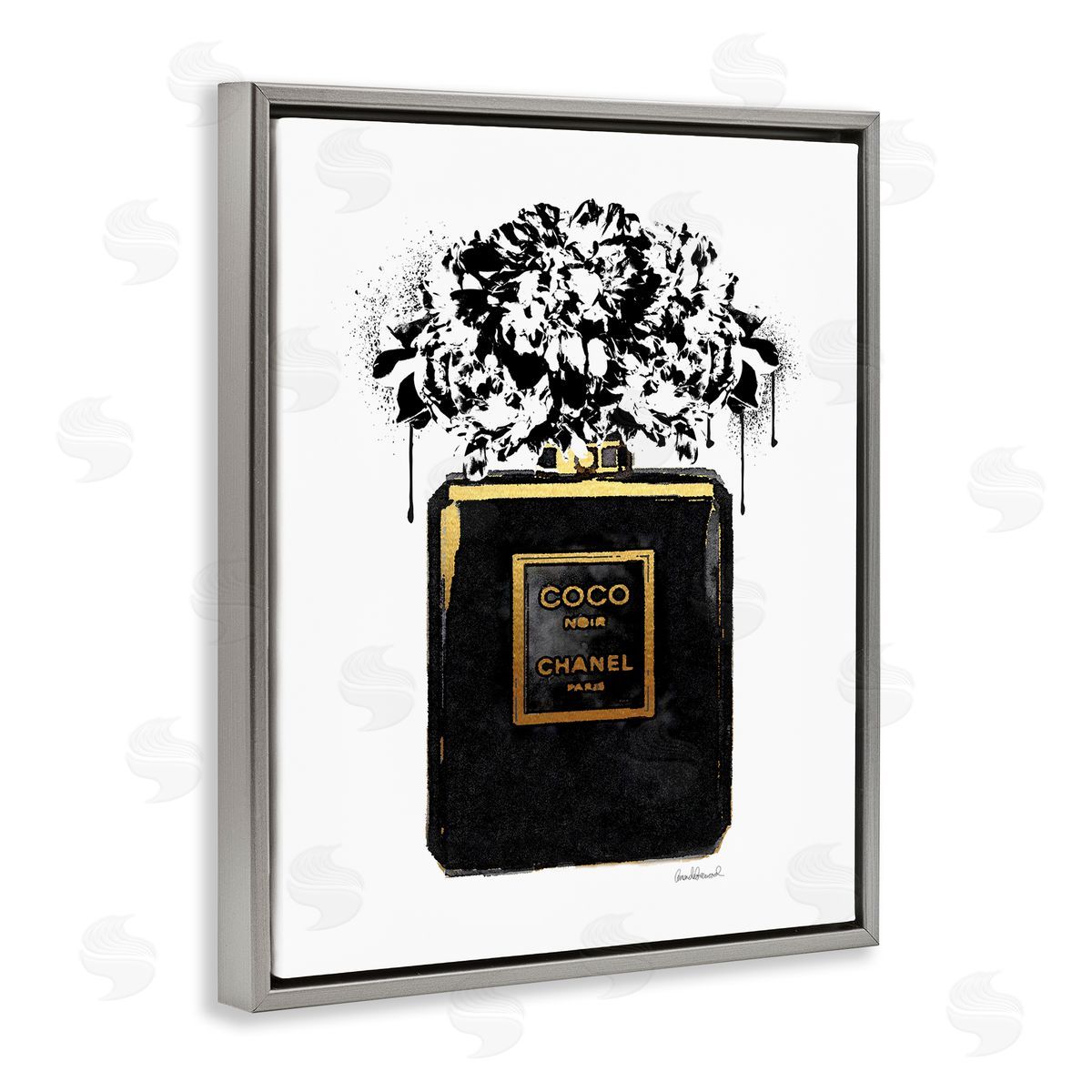 Amanda Greenwood Spray Paint Flowers in Black Fashion Fragrance Bottle Gray Floater Frame Canvas Art