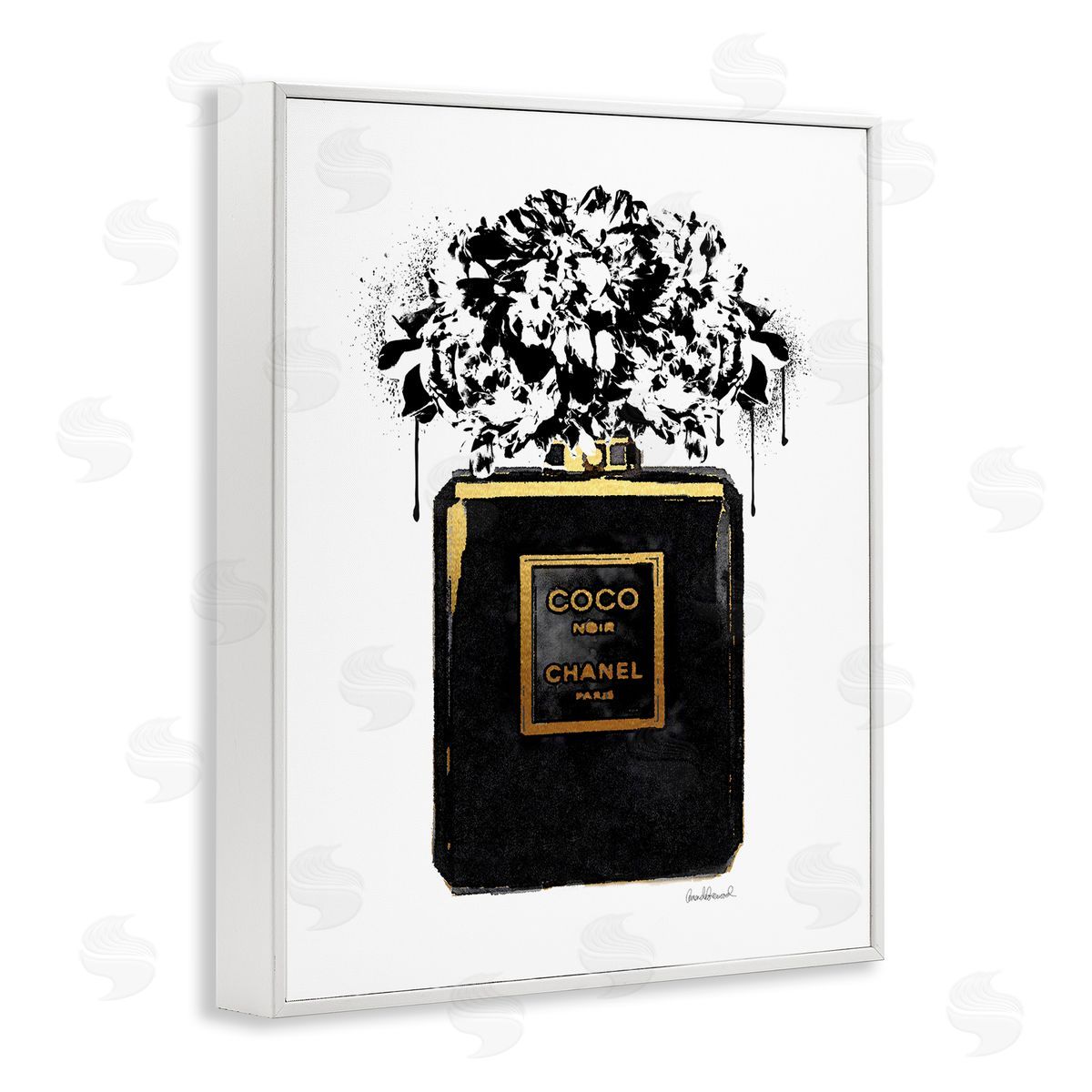 Amanda Greenwood Spray Paint Flowers in Black Fashion Fragrance Bottle White Framed Giclee Wall Art