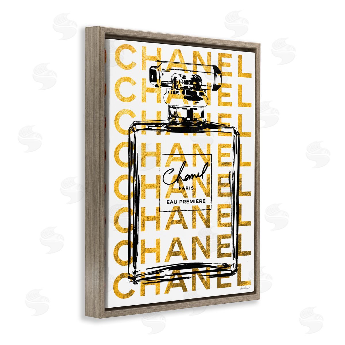 Amanda Greenwood Bold Fragrance Bottle Outline over Text Pattern Brown Floater Frame Canvas Art