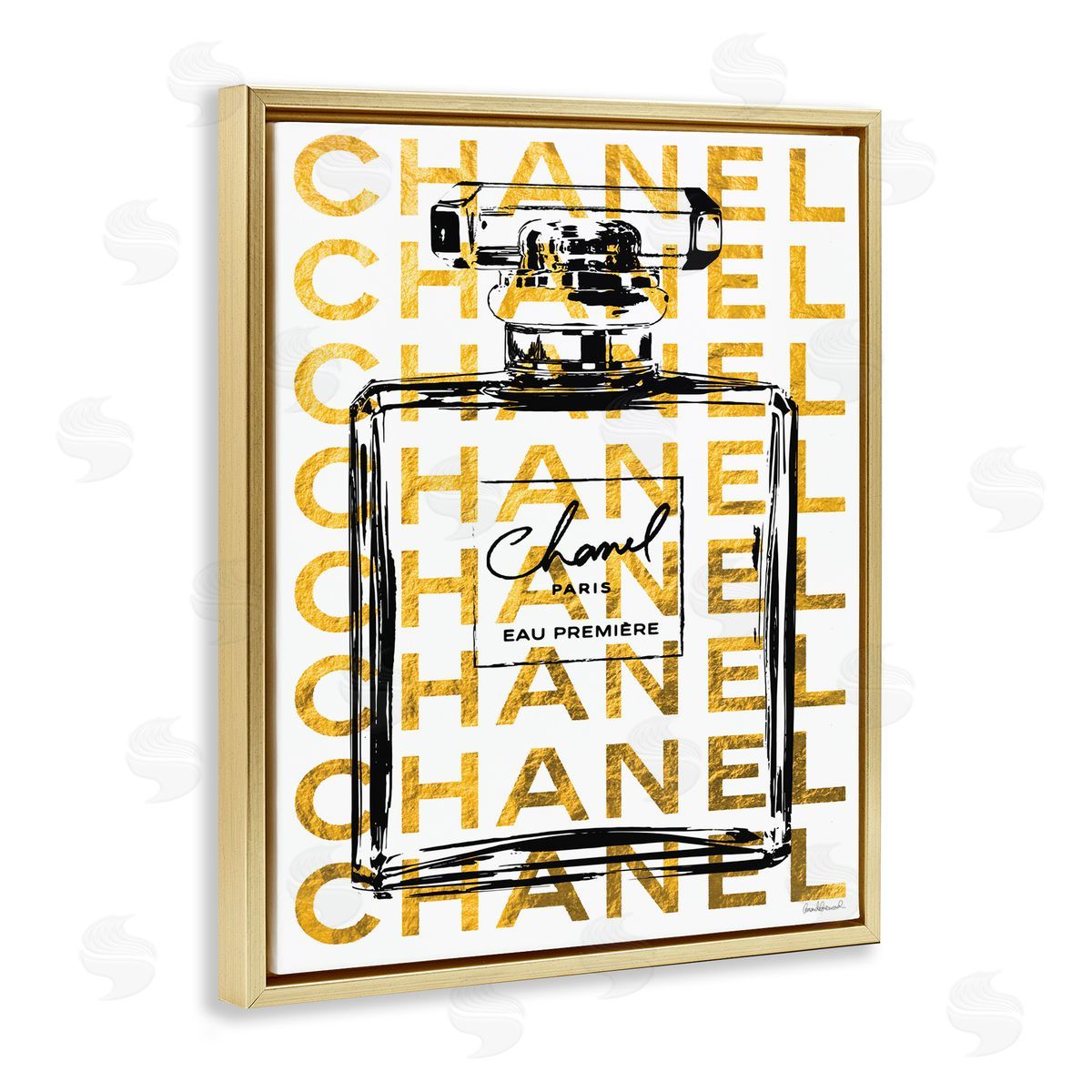 Amanda Greenwood Bold Fragrance Bottle Outline over Text Pattern Gold Floater Frame Canvas Art